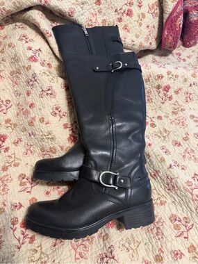 Earth Black Leather Mid-Calf Combat Boots with Buckle Detail